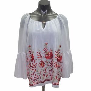 THALIA Sodi White Floral Embroidered Keyhole Top